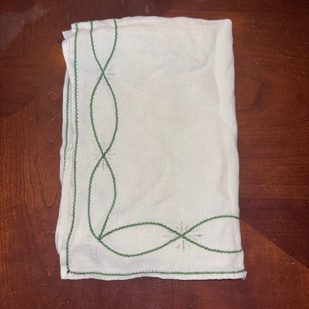 Vintage | Handmade Linen Table Runner | Green Embroidered Chain Link 41x12.5‎
